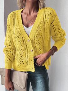 EMERY ROSE Casual Versatile Solid Color Hollow Out Knit Cardigan Knitted Casual Spring Fall Winter - Yellow - View 7