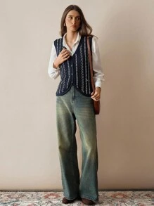 Florisole Women's Fashion Bohemian Knitted Cardigan Vest - Navy Blue - View 7