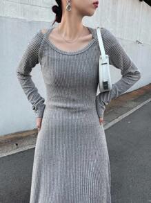 FRIFUL Women's Casual Solid Color Dress, Versatile,Fall Women Clothes Long Sleeve Dress Grey Knit Maxi Dress Grey Maxi Dress Casual Maxi Dress Long Sleeve Maxi Dress Ribbed Knit Maxi Dress