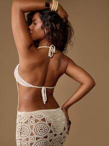 MISSGUIDED Váy midi đan móc thủ công đi biển che thân cổ yếm khoét hở thiết kế bên hông lễ hội mùa hè váy dài boho có viền tua rua đồ bơi đi biển che thân - Màu be - Xem 4