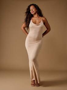 MISSGUIDED Robe longue en maille, robe de soirée de mariage dos nu fourreau, robe de soirée longue sans manches pour invité de mariage - Kaki - Voir 1