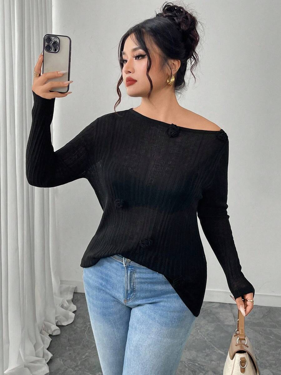 Modelyn Plus Size Women 3D Floral Decor Solid Color Casual Pullover Sweater Fall Winter Cloth For Women Autumn - Black - View 1