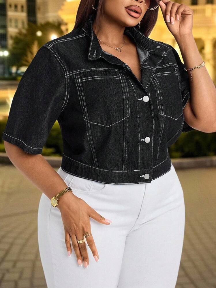 Slaydiva 大码女式牛仔外套，休闲秋季时尚短袖复古优雅风 - 黑色 - 查看 5