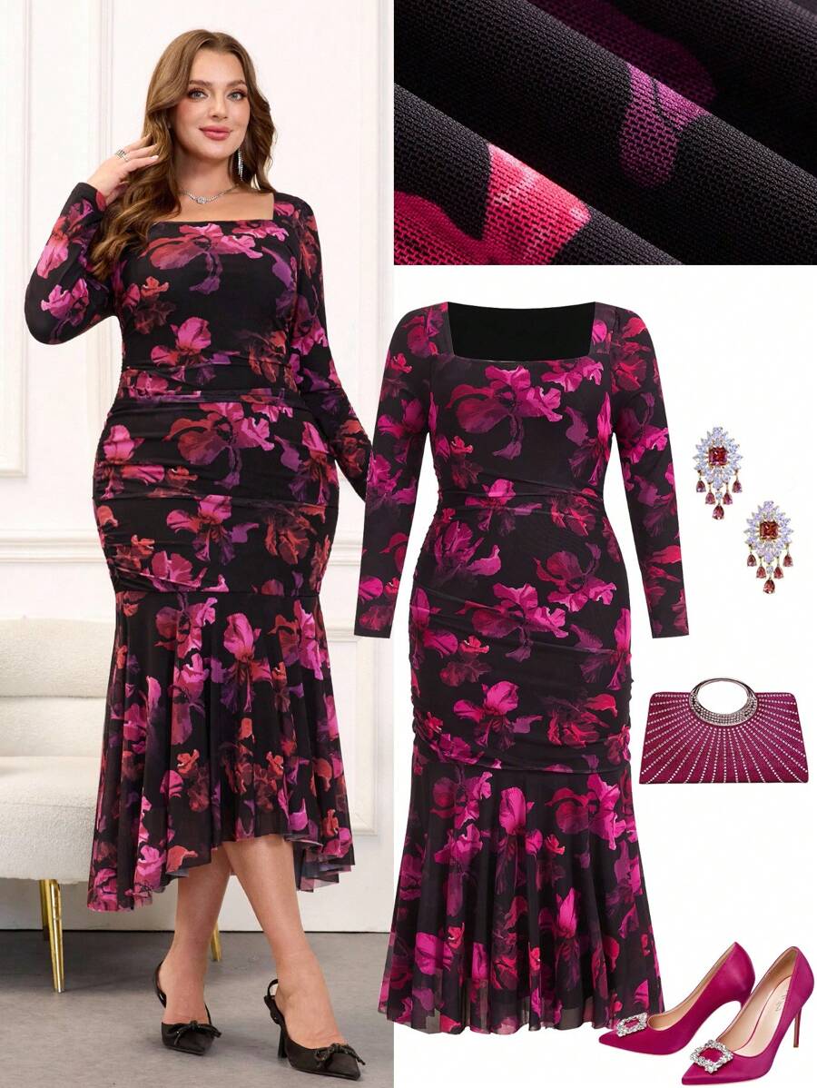 Gownix Plus Size Women's Black Floral Print Elastic Mesh Midi Bodycon Dress,Elegant Autumn Formal Evening Wedding Dresses,Date Night Outfit Festival Clothes