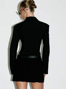 KIZN Áo khoác blazer nữ dáng ngắn buộc dây phía trước, cài hai hàng khuy, thời trang công sở, dự tiệc tối, chuyên nghiệp, thời trang mùa đông, thiết kế đệm vai rộng - màu đen - Xem 2
