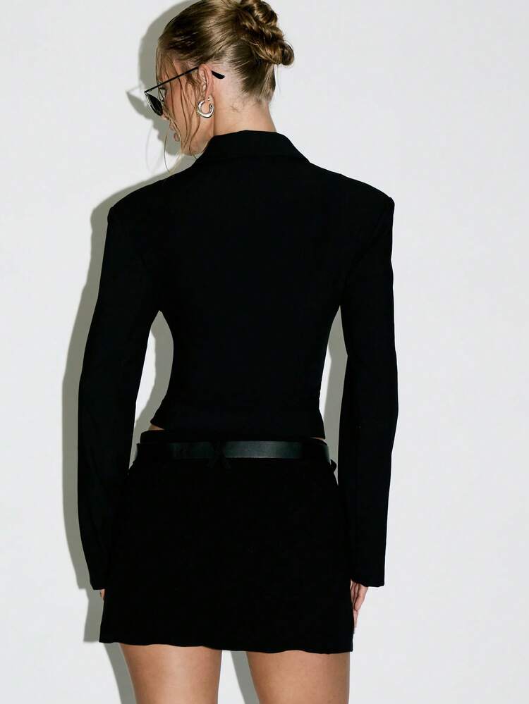 KIZN Cropped Lace Up Front Blazer With Padded Shoulders