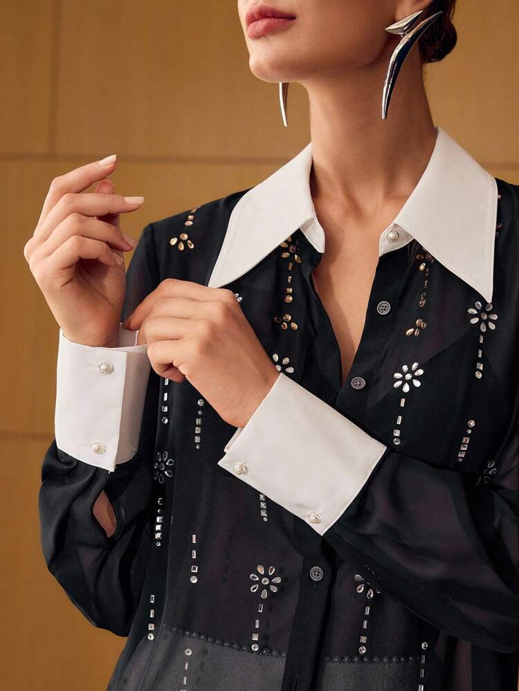 CHIFFON COLORBLOCK RHINESTONE SHEER SHIRT