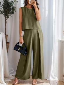 SHEIN LUNE 2pcs Women's Casual Solid Color Tank Top And Wide Leg Pants Set, Summer - Army Green - View 4