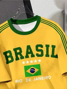 SHEIN Leap Crew Brasil, Soccer, Football, Player, Fans, Street Style, Kids'' Choice Collection, Everyday Basic, Happy Kids, Pastel Colors For Kids, Bikercore, Family Trip, Happy Days, I Love Mommy, I Love Daddy, Lovely Home, Cool Kids, Tween Girl Casual Simple Short Sleeve Round Neck T-Shirt, Suitable For Summer - Multicolor - View 6