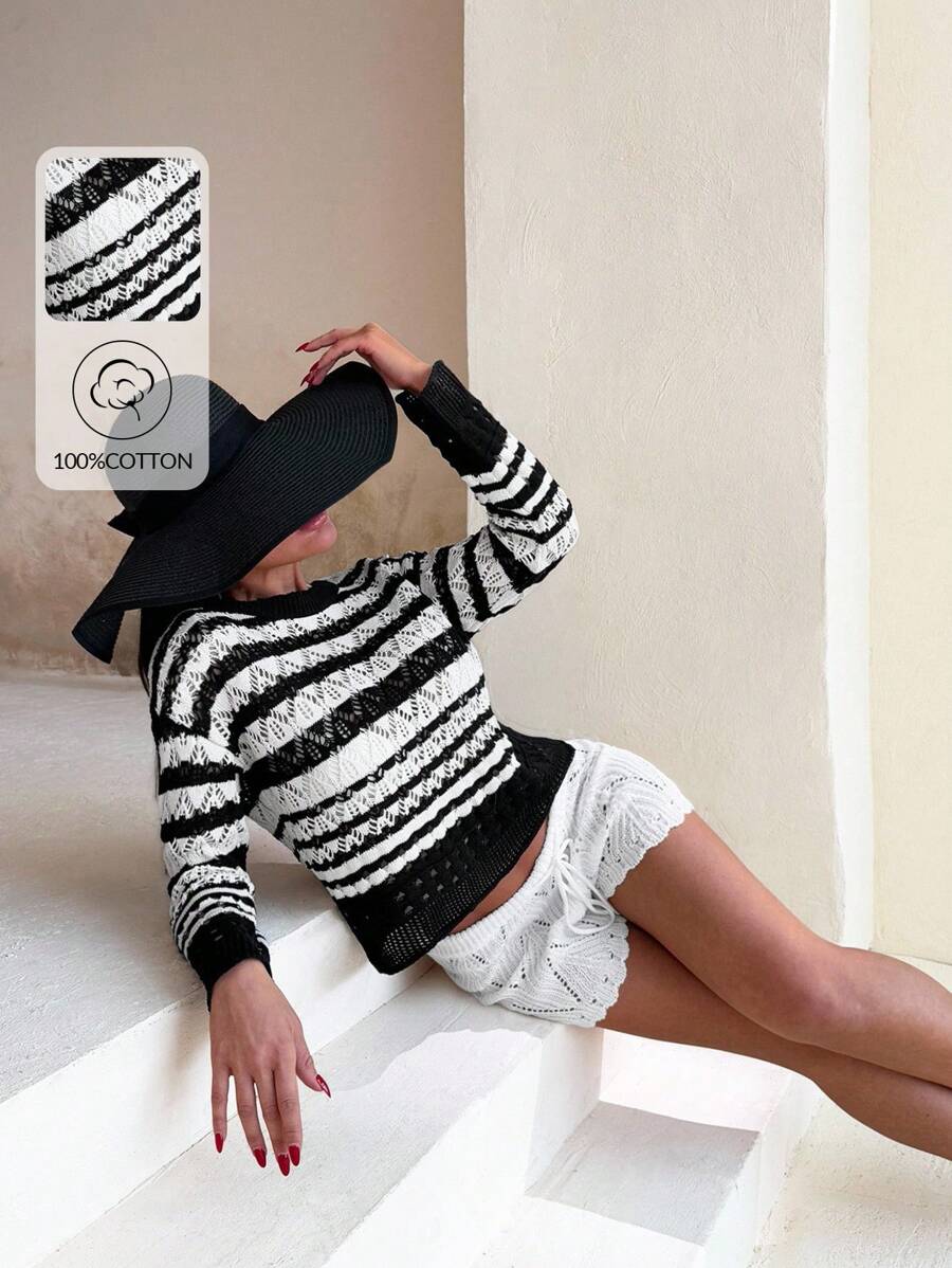 RueChic Black And White Striped Hollow-Out Lace Knit Sweater