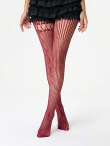ROMWE Grunge Punk 1 Paar sexy Fischnetz-Strümpfe mit Farbverlauf-Farbe und geometrischem Ausschnittdesign, dünne elastische transparente Strumpfhosen im Y2K-Stil - Bordeaux - Übersicht 5