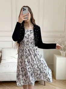 2件套少女珍珠装饰长袖开衫和花卉印花吊带背心连衣裙套装 - 彩色 - 查看 6
