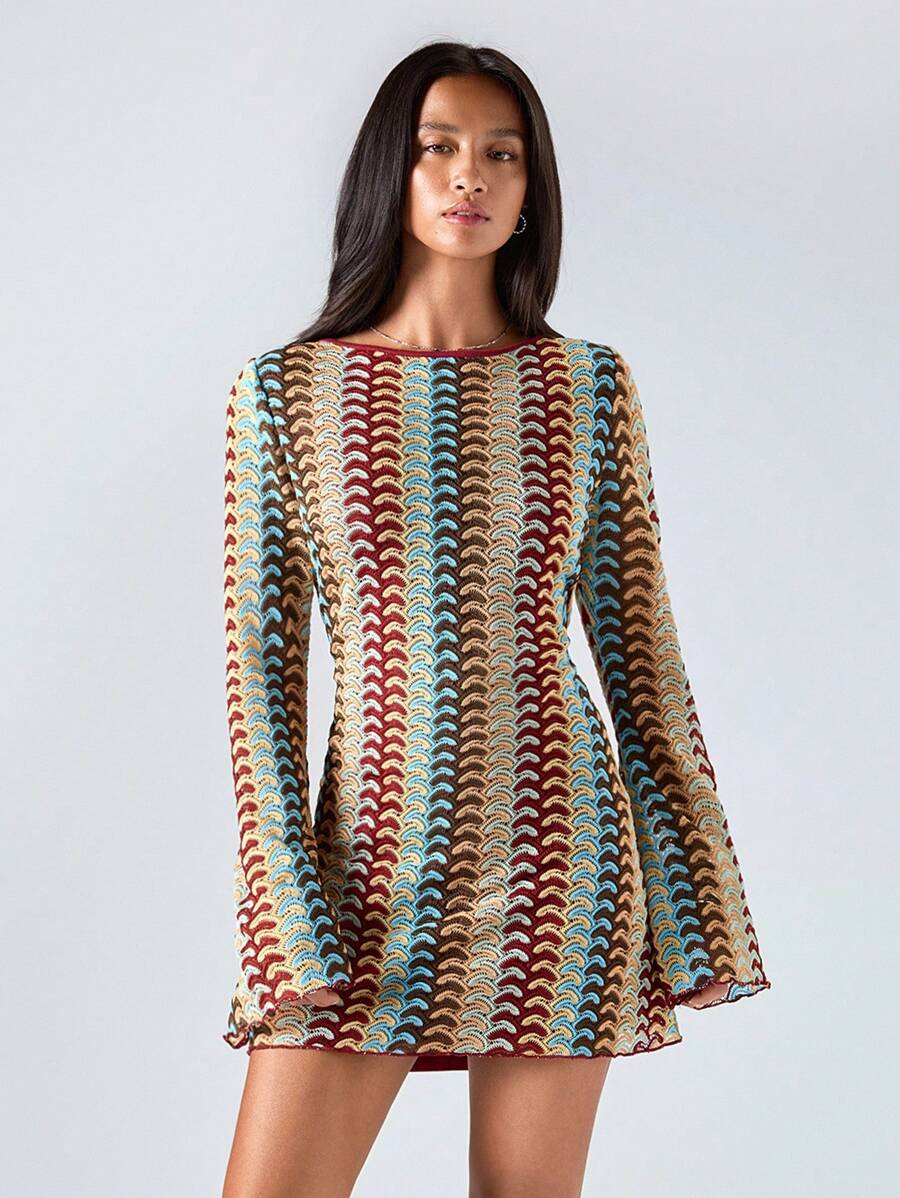 LYSMO Women's  Elegant Print Sexy Contrast Stripe Lace-Up Backless Mini Dress, Vacation Open Back Dress Crochet Dress Tie Back Dress Unique Dress Long Sleeve Dress 2025 New Arrive Minimalism Fall Women Business Casual Woman Partywear  Halloween Costumes - Multicolor - View 1