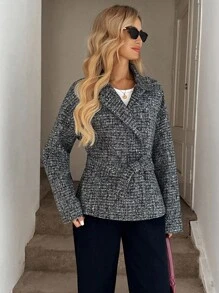 Easowa Women's Casual & Commute Overcoat,Tweed Jacket,Black And White,Autumn,Elegant,Office Turtleneck Sweater Tops Winter Jacket For Women - Dark Grey - View 6
