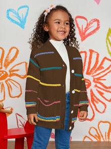Cardigan casual solto listrado colorido para meninas Cardigan marrom para meninas Cardigan listrado para meninas Cardigan de malha infantil Cardigan para meninas Cardigan com botões para meninas no outono/inverno - Castanho - Ver 3