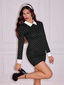 SHEIN Tall Đầm ngắn tay dài họa tiết chấm bi cổ màu tương phản thời trang dành cho nữ - màu đen - Xem 8