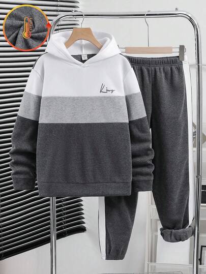 SHEIN 2pcs Tween Boy Outfit, Boys Hoodie And Sweatpants Set, Patchwork Design, High Cost Performance, Suitable For Commuting, School, Casual, Sports In Autumn/Winter,Winter Set,Winter Clothing,Fall Outfits,Fall Clothing,All Clothes For Kids