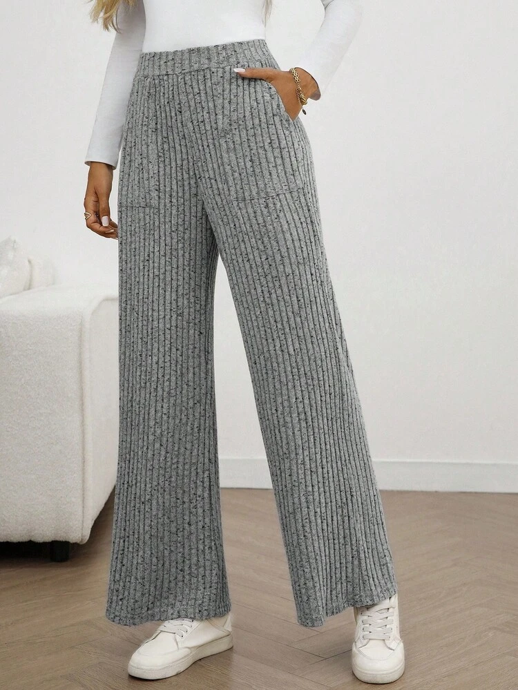 女性用フローラルリブルーズストレートレッグカジュアルパンツ ニットパンツ ワイドレッグパンツ グレーパンツ リブニットパンツ レディース秋服 レディースパンツ バギーパンツ ワイドレッグパンツ パレッツォ レディースパンツ 秋服 バックトゥスクール