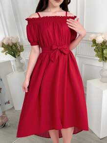Tween Girl Off-Shoulder Ruffled Chiffon Dress, Elegant, Casual Outdoor, Spring/Summer,Holiday,Summer,Travel - Burgundy - View 1