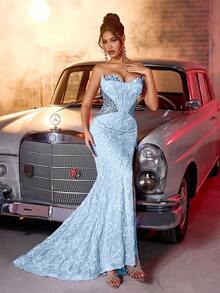 Glamrae Elegant Sequin Embroidered Lace Patchwork Strapless Neckline High Slit Fishtail Formal Evening Gown For Women, For Valentine's Day - Baby Blue - View 4