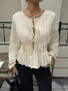 Siren Gaze 女士褶皱圆领系带长袖衬衫 - 杏色 - 查看 12