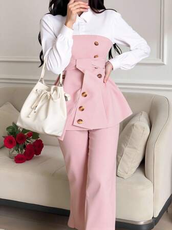 SHEIN Teen Girl Collared Patchwork Topp med bälte och enfärgade byxor 2st Set