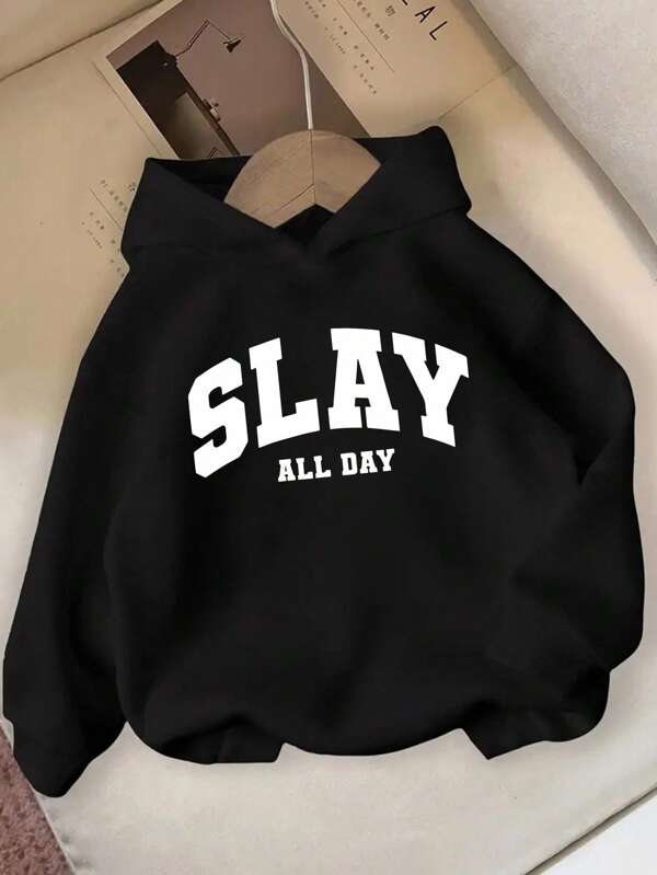 Sudadera casual con estampado de letras "SLAY ALL DAY" para adolescentes, de vuelta a la escuela, de moda y personalizada, adecuada para todas las estaciones, sudadera negra para niñas, sudadera negra Slay All Day, sudadera linda para otoño e invierno