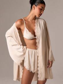 AiiRZ 奢华缎面睡衣套装三件套蕾丝花边文胸短裤睡袍睡衣家居服新娘蜜月内衣睡衣情人节礼物，秋季服装 - 卡其色 - 查看 5