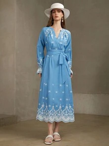 Arave Women's Floral Contrast Embroidery V-Neck Tie Waist Design Elegant Dating Autumn Long Dress Dresses For Women Elegant Fall Dresses For Women Wedding Guest Dress Women Teacher Outfits For Women Fall Clothes For Women - Blue - View 6