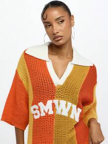 SUMWON WOMEN Áo len móc len kẻ sọc cỡ lớn cổ chữ V, áo chui đầu, cổ polo trễ vai, logo chữ nổi bật, thời trang thu đông Y2K - Nhiều màu - Xem 7