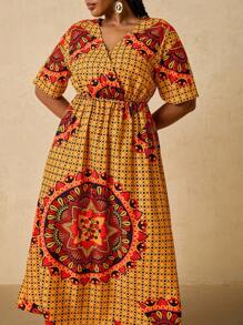 SHEIN VCAY Đầm dài tay lửng họa tiết hoa Boho cổ chữ V cỡ lớn, eo cao, phong cách du lịch thường ngày dành cho nữ, mùa thu - Màu vàng - Xem 6