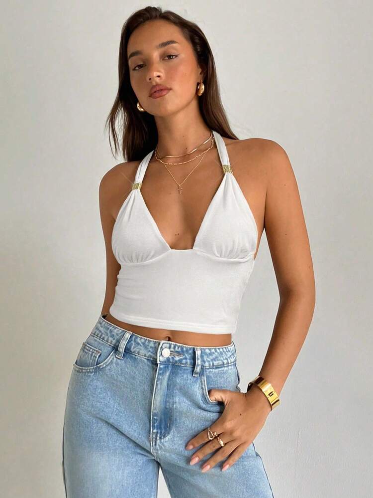 Aloruh Top halter sin espalda de unicolor y sexy para mujer, verano - Blanco - Añade 4