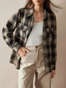 SHEIN LUNE 新年休闲春秋季女式格子印花翻盖口袋衬衫 - 卡其色 - 查看 6