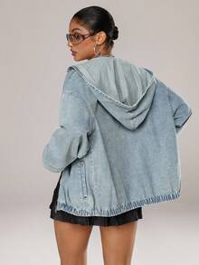 Jeanoix Women's Casual Washed Denim Hooded Jacket - Light Wash - View 2