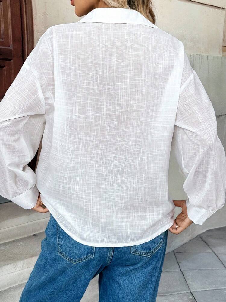 INAWLY Women's Summer Hollow Lace Stitching Solid Color Shirt Fall Cloth For Women - White - View 2