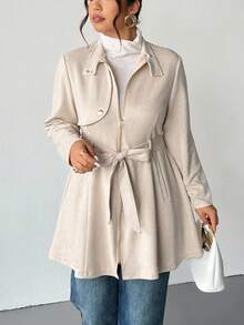 Firerie Plus Size Women's Cinched Waist A-Line Suede Fabric Beige Trench Coat, Loose Fit Midi Length Jacket; Suitable For Valentine's Day, Concerts, Performances, Dates, Formal Dinners, Galas, Weddings, Sexy, Elegant, Commute, Back To School, Romantic, Office Diva, Mermaid Style, Birthday Party/Slightly Elastic Waist Umbrella-Style Long-Sleeved Trench Coat Autumn Winter Clothes For Women