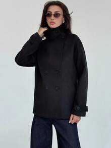 Aloruh Abrigo casual de mujer de unicolor, de doble botonadura, con hombros caídos y mangas largas, para otoño/invierno - Negro - Ver 6