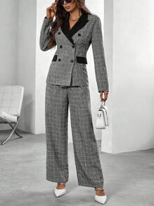 Chiquease 格紋印花雙排釦西裝外套和褲子 - 灰色 - 查看 4