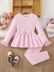 2pcs Girls Young Girl Elegant High Collar Ribbed Knit Fuzzy Fabric Long Sleeve Top And Flared Pants Set, Red, Autumn/Winter Fall - Pink - View 3
