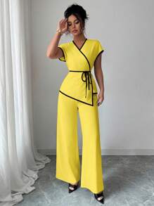 Elenzga 女式不对称下摆蝙蝠袖上衣和阔腿裤时尚两件套 - 黃色 - 查看 4