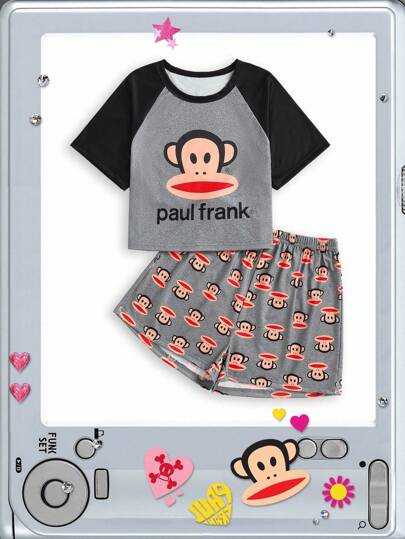Paul Frank X ROMWE Cartoon Pattern Summer Casual Short Sleeve Top & Shorts Pajama Set, Versatile & Comfortable For Women