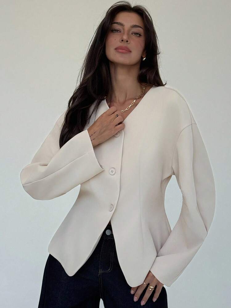 Aloruh Chaqueta casual de mujer de un solo botonadura, de hombros caídos y manga larga, de unicolor, para otoño/invierno - Rojo violeta - Añade 6