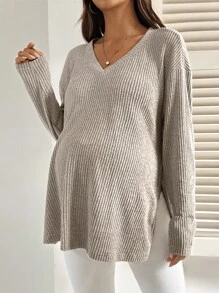 SHEIN 休闲宽松纯色舒适百搭长袖哺乳上衣 - 卡其色 - 查看 7