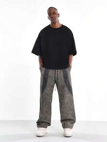 SUMWON 宽松溜冰风格拼接仿皮长裤，阔腿设计，街头时尚休闲秋冬下装，抽绳宽松裤