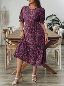 SHEIN VCAY 大码女式花卉印花圆领短款泡泡袖休闲连衣裙 - 彩色 - 查看 7