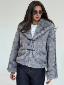 Aloruh 秋冬女式落肩长袖纽扣设计时尚宽松仿皮草夹克 - 棕色 - 查看 4