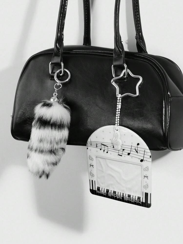 ROMWE Grunge Punk 1 件 Y2K 风格简约复古别致高品质黑白渐变仿皮草动物尾巴横向 PVC 卡夹，带有脉动音符、钢琴键、心形装饰，适合办公室职员、学生、日常穿着、节日礼物 - 黑與白 - 查看 7