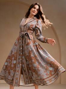 Anewsta Autumn/Winter Brown Vintage Bohemian Print Tie-Front Long Dress For Women - Coffee Brown - View 10