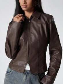 LYSMO Plus Size Casual Retro Brown Double Zipper PU Leather Jacket Brown Leather Jacket Women Winter Fall Autumn - Brown - View 4