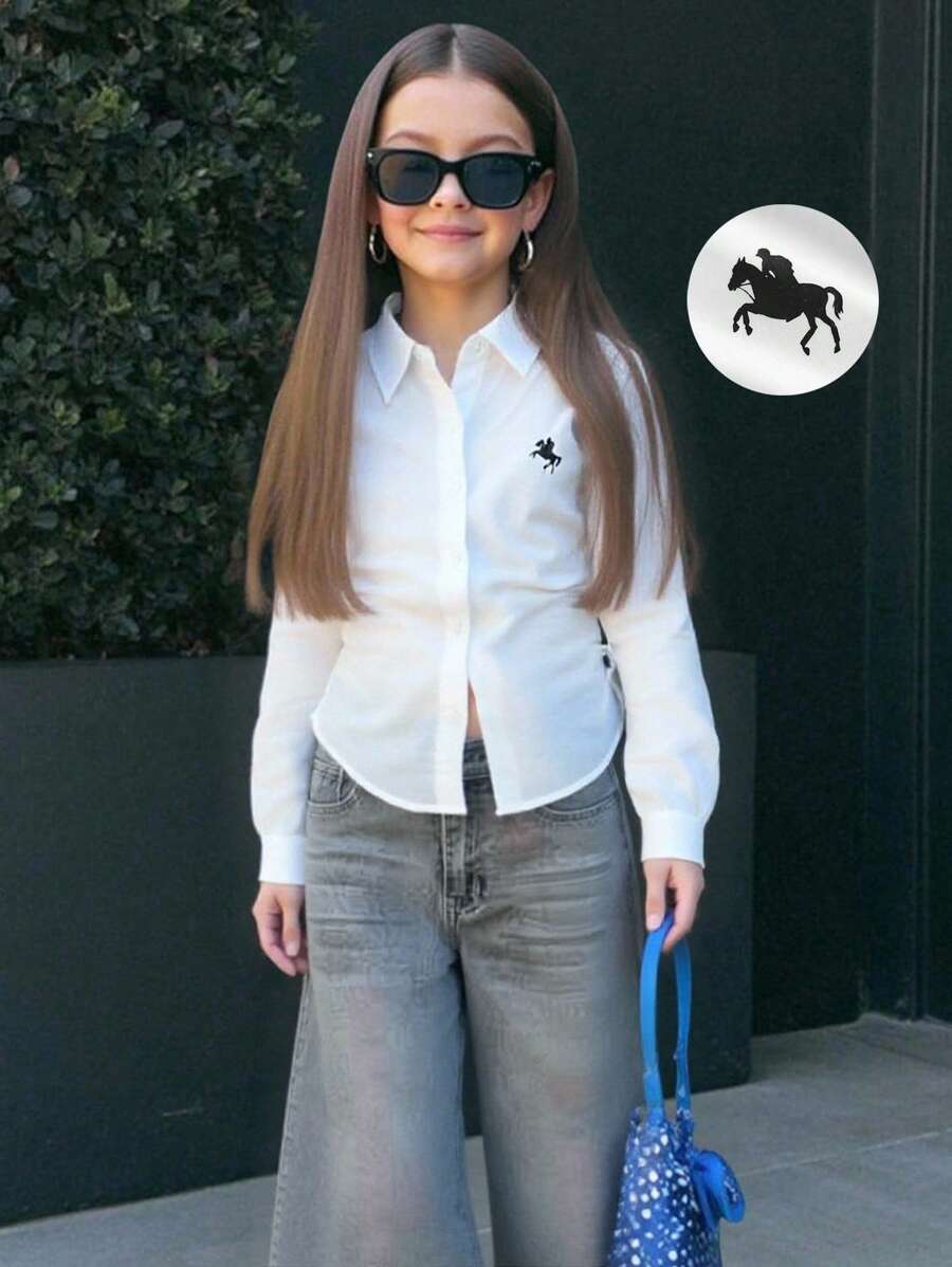 SHEIN Tween Girls Drawstring Design White Blouse Long Sleeve,Back-To-School School Elegant And Classy Autumn White Button Up Equestrian Horse Riding Shirt - White - View 1
